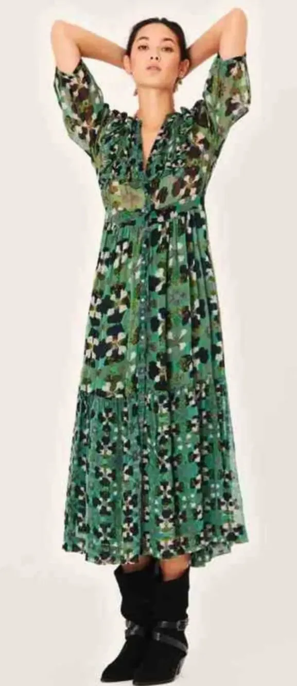 BA&SH Floral Hooper Maxi Dress Size 3 (Large) Green Watercolor Boho Cottagecore - Picture 1 of 11